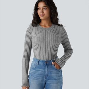 Round Neck Long Sleeve Frill Casual Sweater Gray